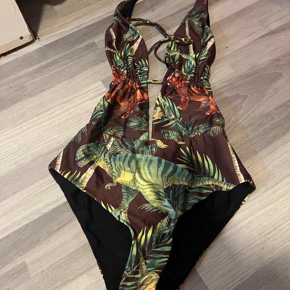 NWOTs Tropical Dinosaur Print deep V cut One Piece Swimsuit
